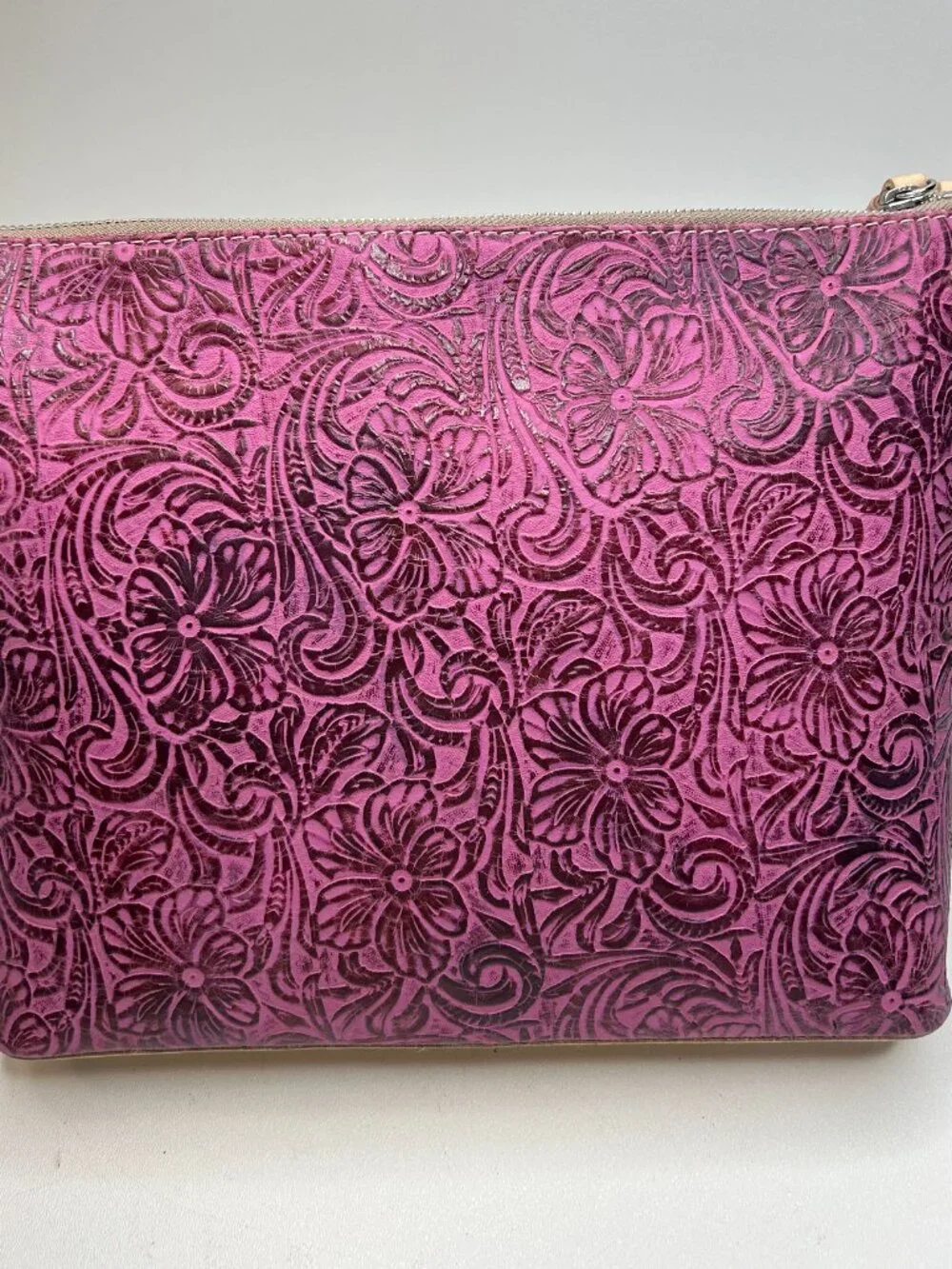 CONSUELA Mena Downtown Women's Fuchsia Tooled Leather Crossbody - Picture 3 of 11